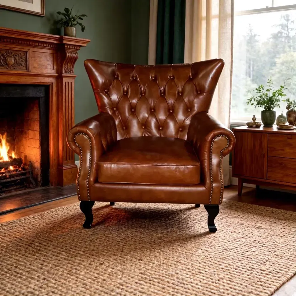 Fauteuil à oreilles Chesterfield Mortlake en cuir cognac, vue 4 sur 6