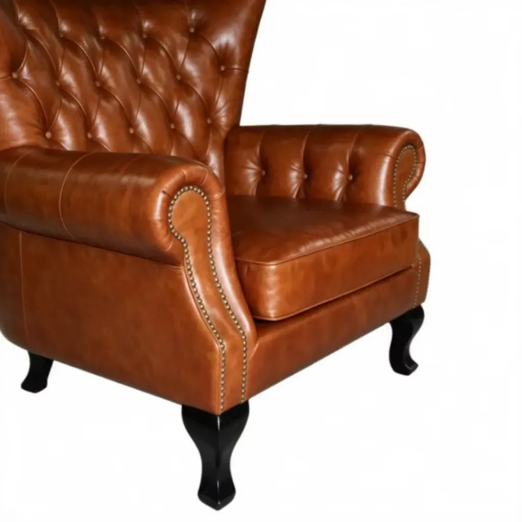 Fauteuil à oreilles Chesterfield Mortlake en cuir cognac, vue 5 sur 6