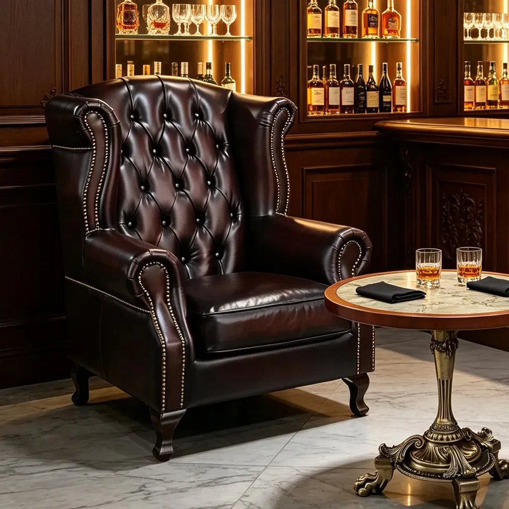 Fauteuil à oreilles Chesterfield Putney en cuir marron vieilli, vue 10 sur 10