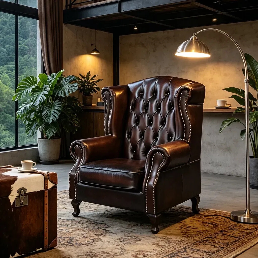 Fauteuil à oreilles Chesterfield Putney en cuir marron vieilli, vue 5 sur 10