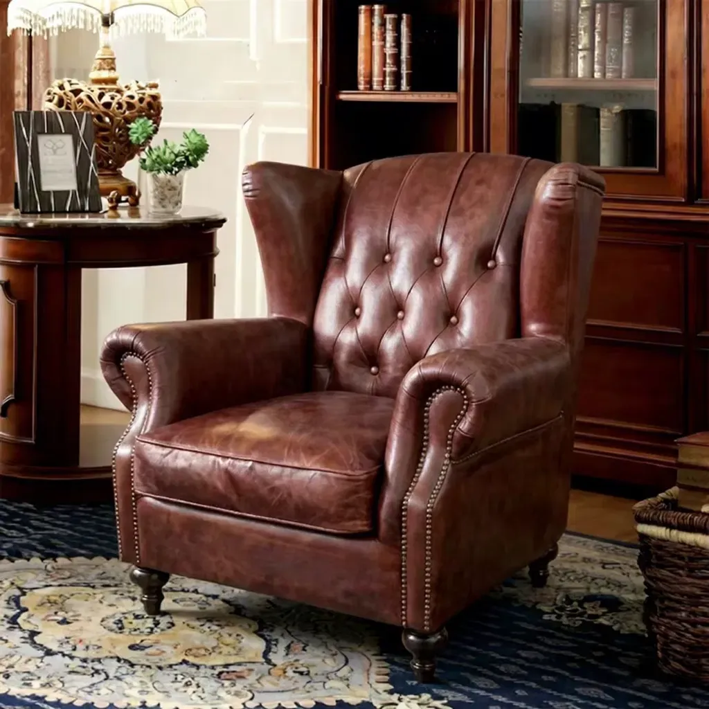 Fauteuil à oreilles Chesterfield Putney en cuir marron vieilli, vue 6 sur 10
