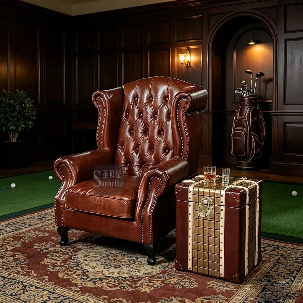 Fauteuil à oreilles Chesterfield Putney en cuir marron vieilli, vue 8 sur 10