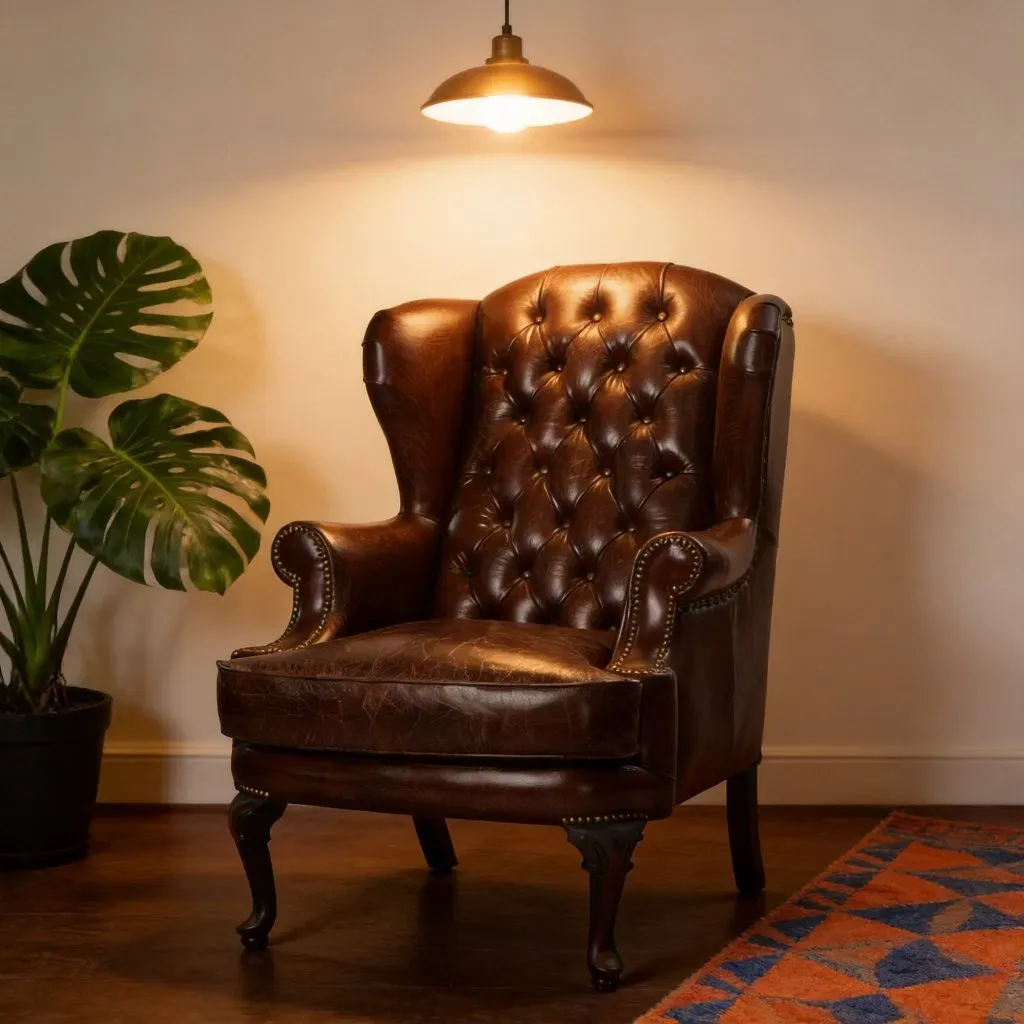 Fauteuil à oreilles Chesterfield Vauxhall en cuir brun foncé