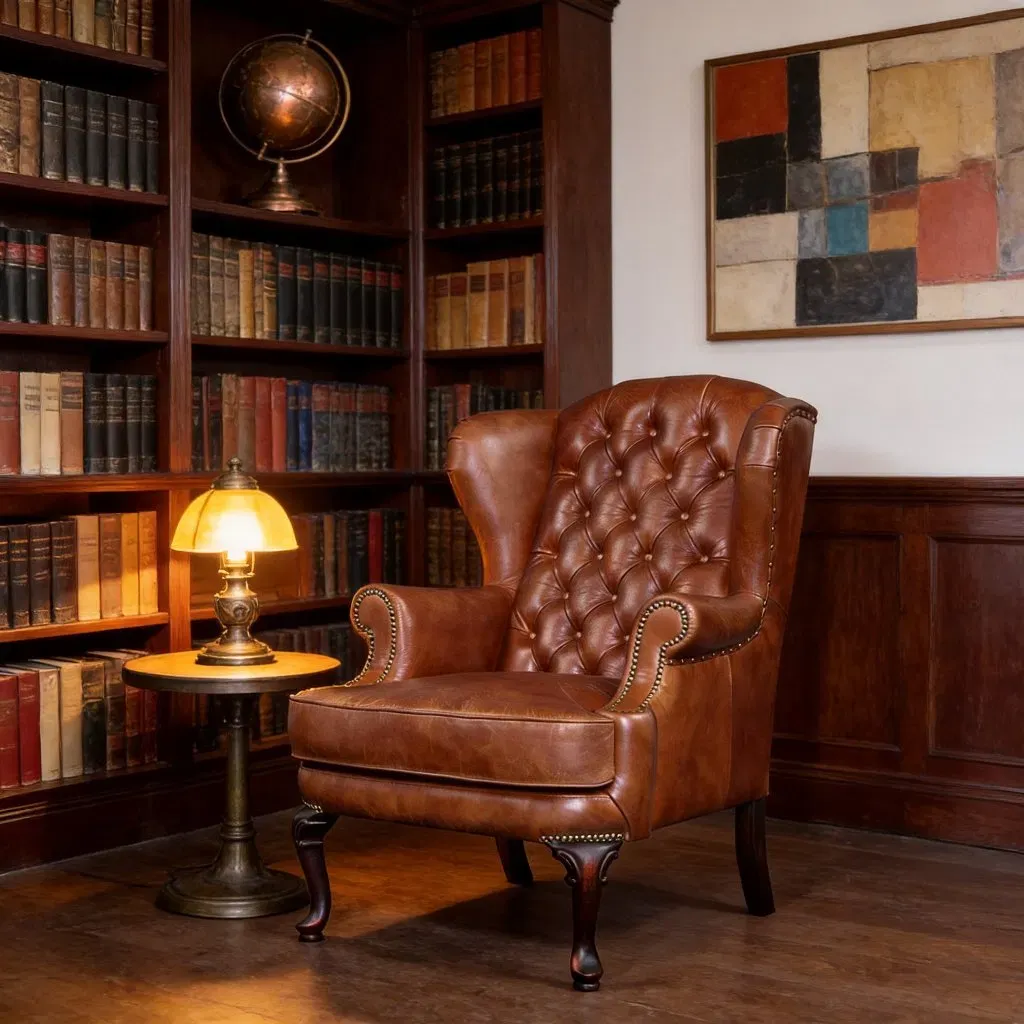 Fauteuil à oreilles Chesterfield Vauxhall en cuir brun foncé, vue 4 sur 10