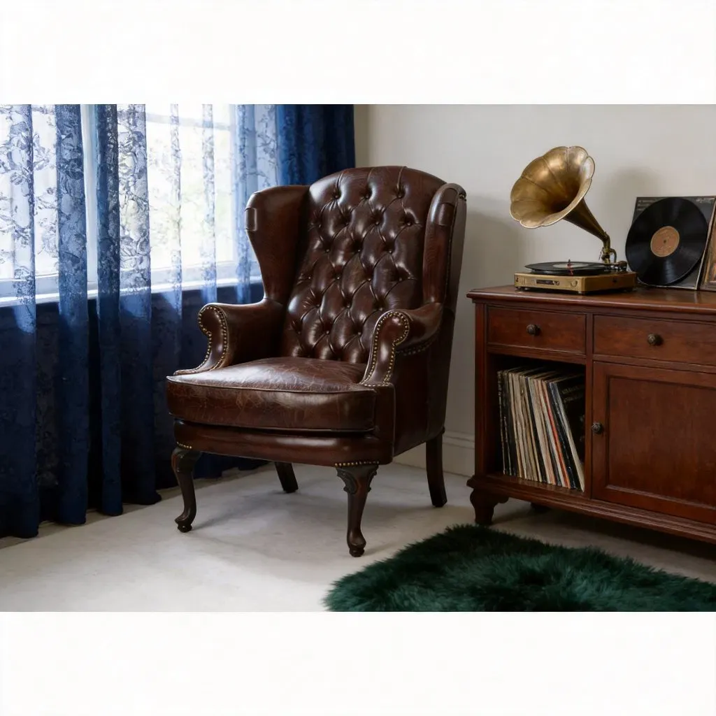 Fauteuil à oreilles Chesterfield Vauxhall en cuir brun foncé, vue 8 sur 10