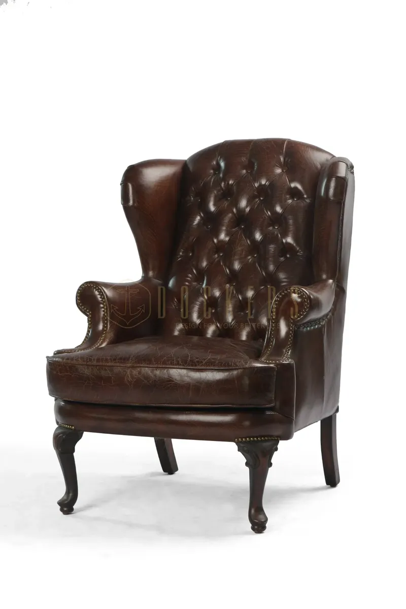 Fauteuil à oreilles Chesterfield Vauxhall en cuir brun foncé, vue 9 sur 10
