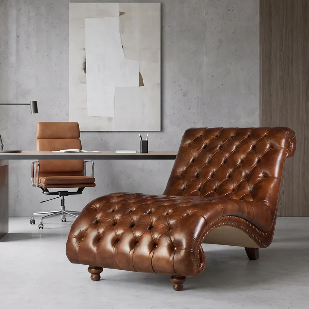 Méridienne Chesterfield Belsize en cuir cognac vieilli, vue 3 sur 5