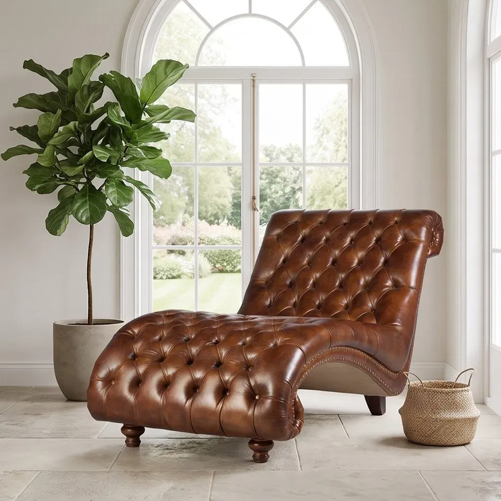 Méridienne Chesterfield Belsize en cuir cognac vieilli, vue 4 sur 5